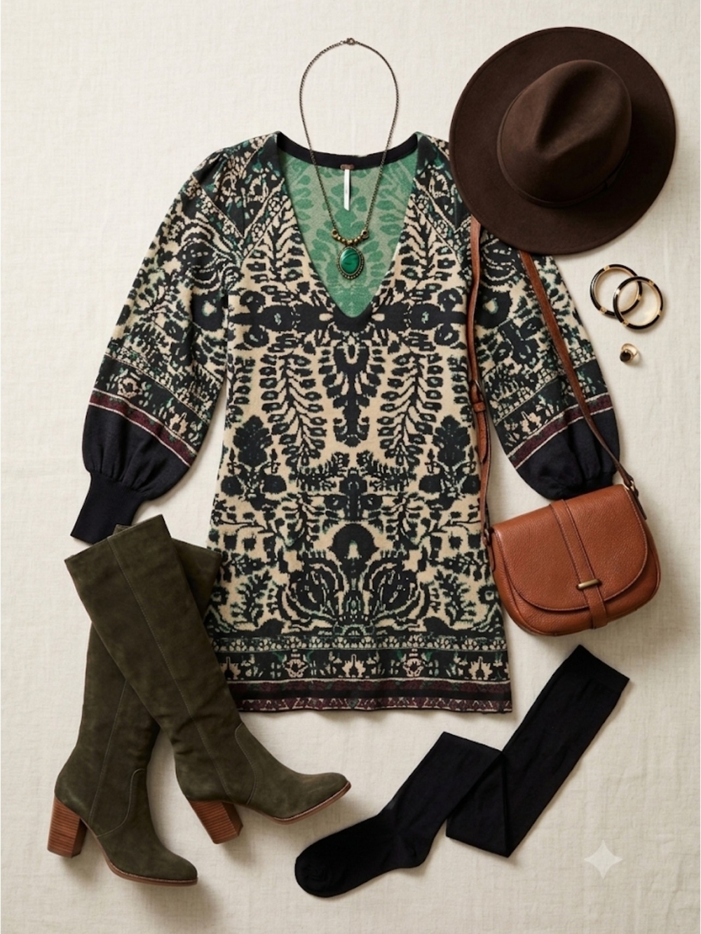 EUC Free People Boho Green and Cream Knit Tunic Sweater Mini Dress, XS